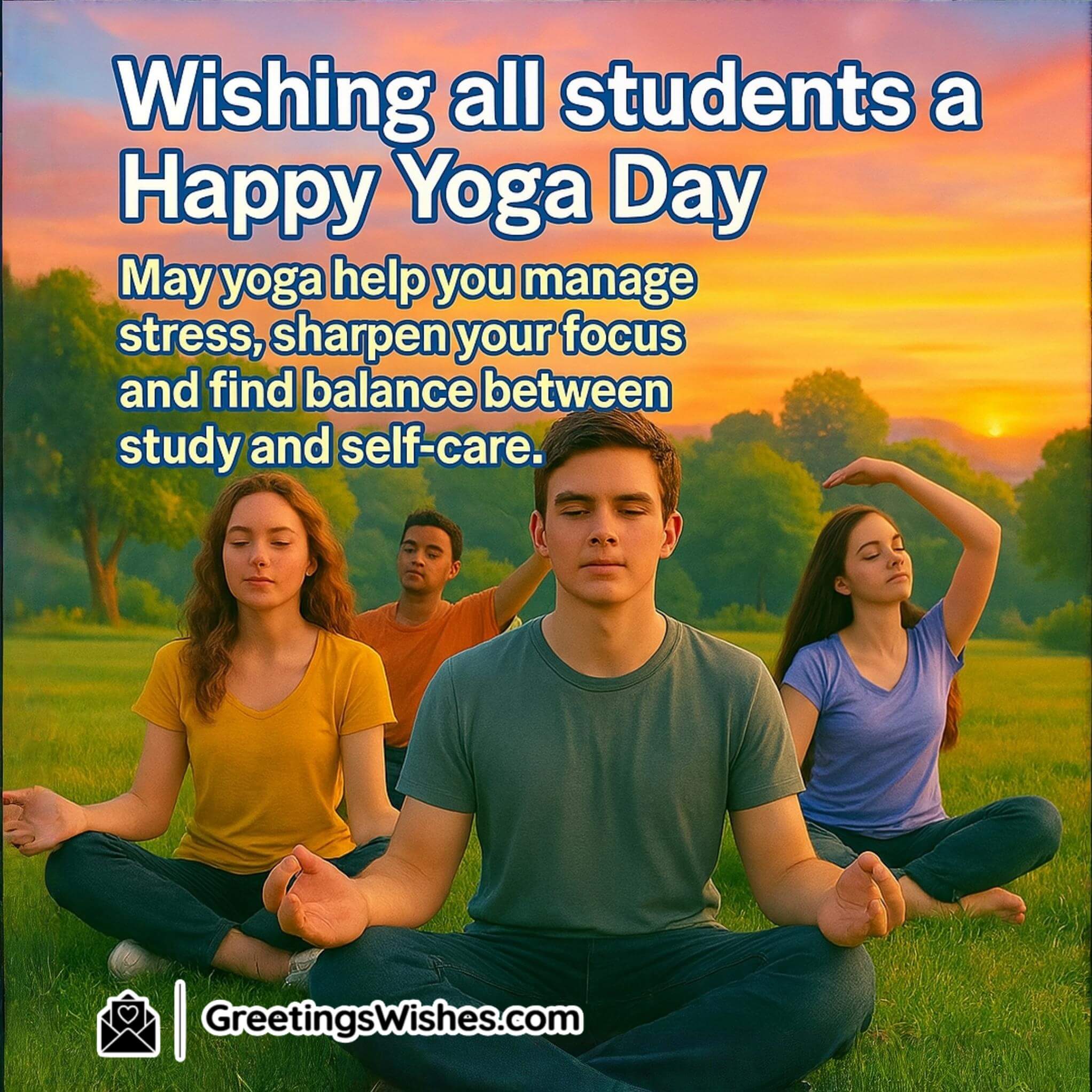 International Yoga Day with students doing yoga in a lush sunrise garden — surrounded by trees, flowers, and peaceful nature symbolizing calm focus and youthful wellness.