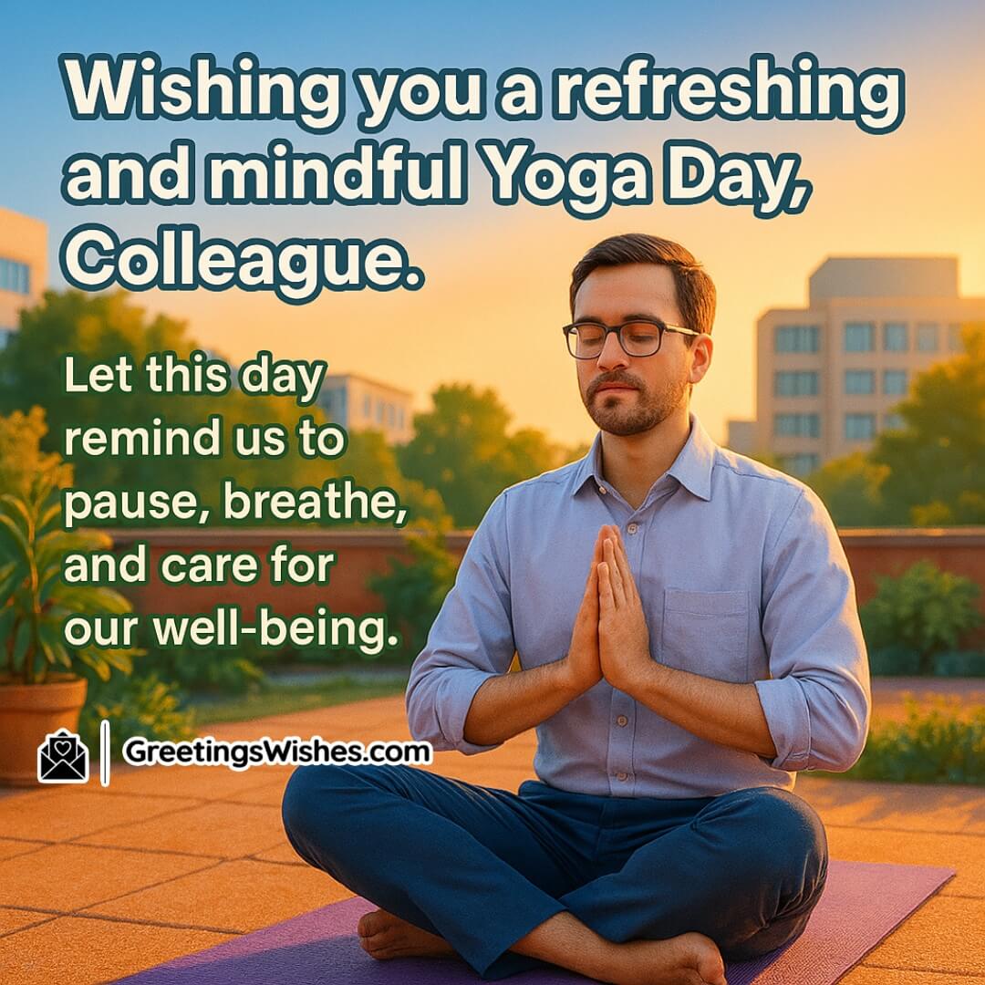 International Yoga Day with an office colleague practicing yoga on a peaceful rooftop terrace at sunrise — lush plants and urban views — symbolizing workplace wellness and mindful self-care.