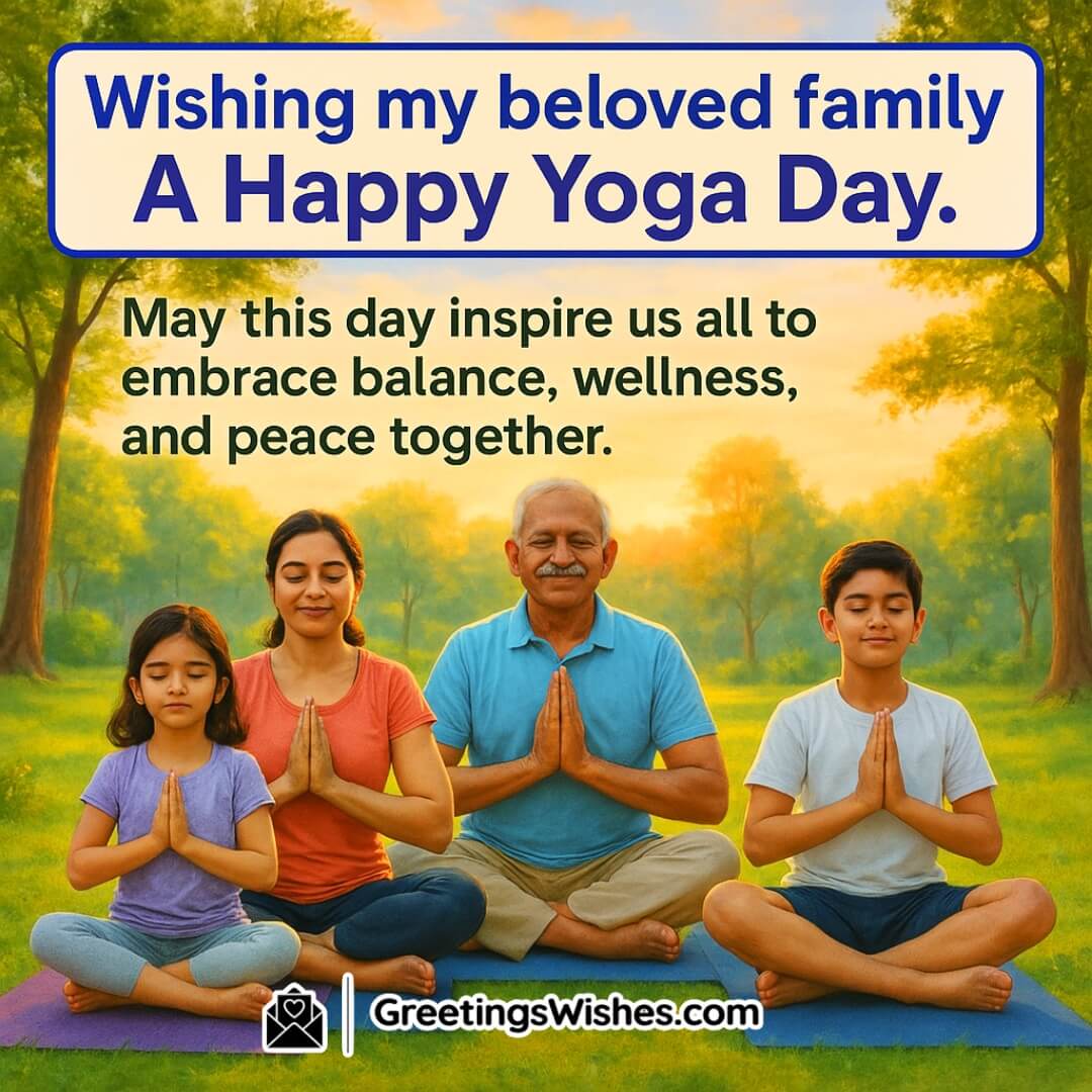 International Yoga Day with a family practicing yoga outdoors at sunrise, surrounded by greenery — symbolizing unity, wellness, and shared inner peace.