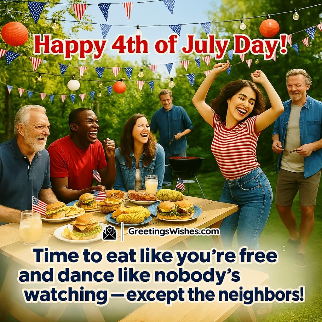 Happy 4th of July Day Image featuring a cheerful backyard celebration with people dancing and enjoying a festive barbecue, symbolizing the joy of freedom and the playful spirit of being American.