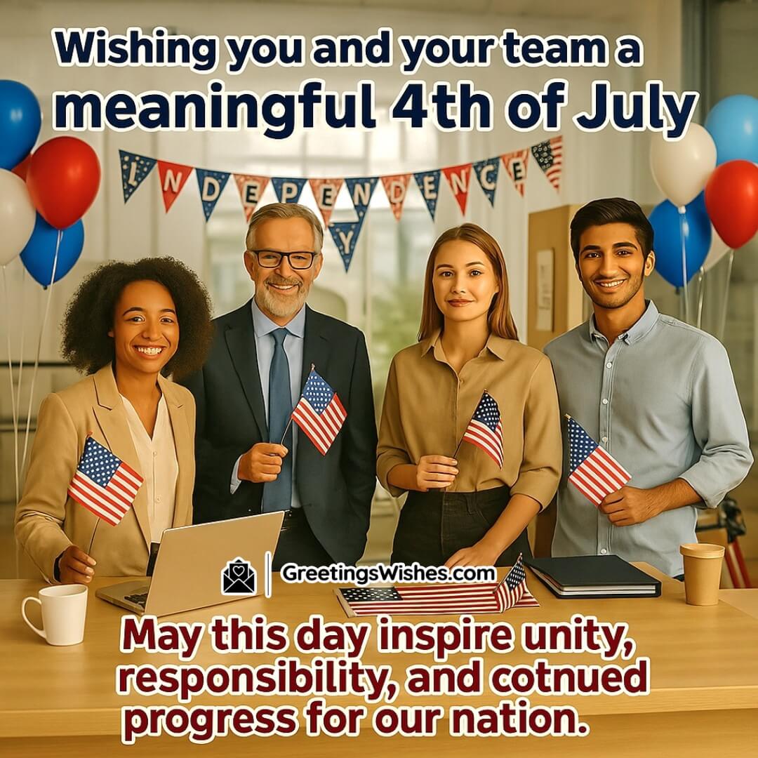 4th Of July Day Professional & Formal Image featuring a professional office with patriotic decor and a diverse team, symbolizing national unity and workplace responsibility.
