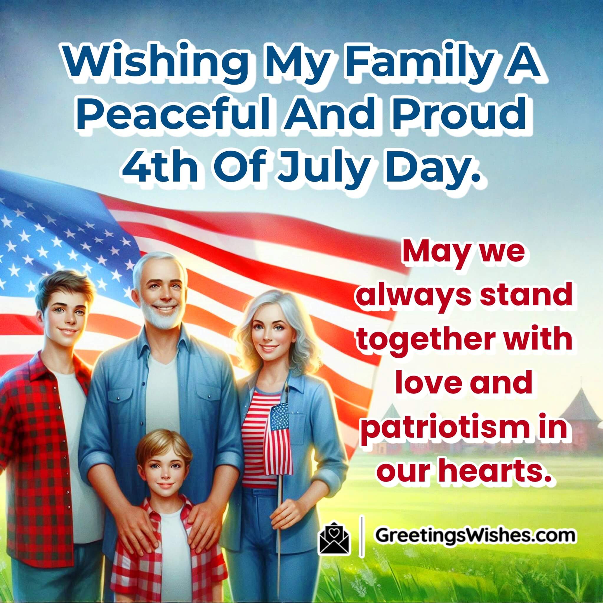 4th of July Family Celebration Image featuring a patriotic family standing together under the American flag, symbolizing unity, love, and national pride.
