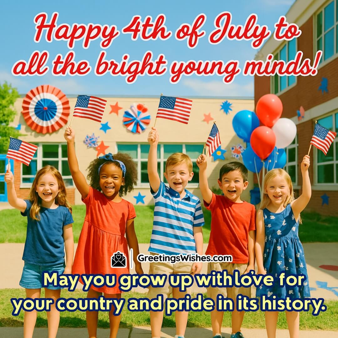 4th Of July Day Wishes For Kids And Students Image featuring cheerful schoolchildren waving flags and celebrating, symbolizing future patriotism and joyful pride in America’s heritage.