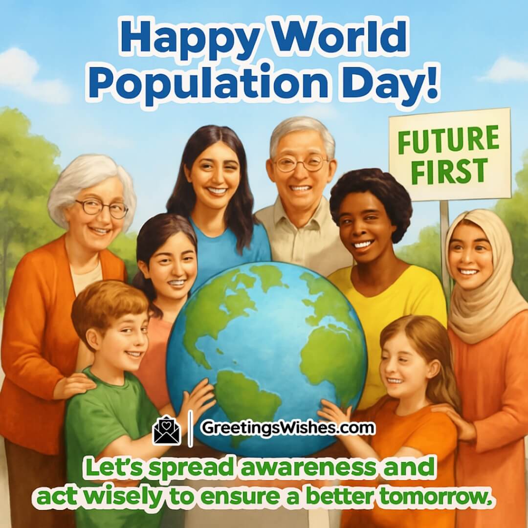 Awareness Messages For World Population Day Image featuring a diverse group of people standing together around a globe in a green park, symbolizing unity and shared action for a better future.
