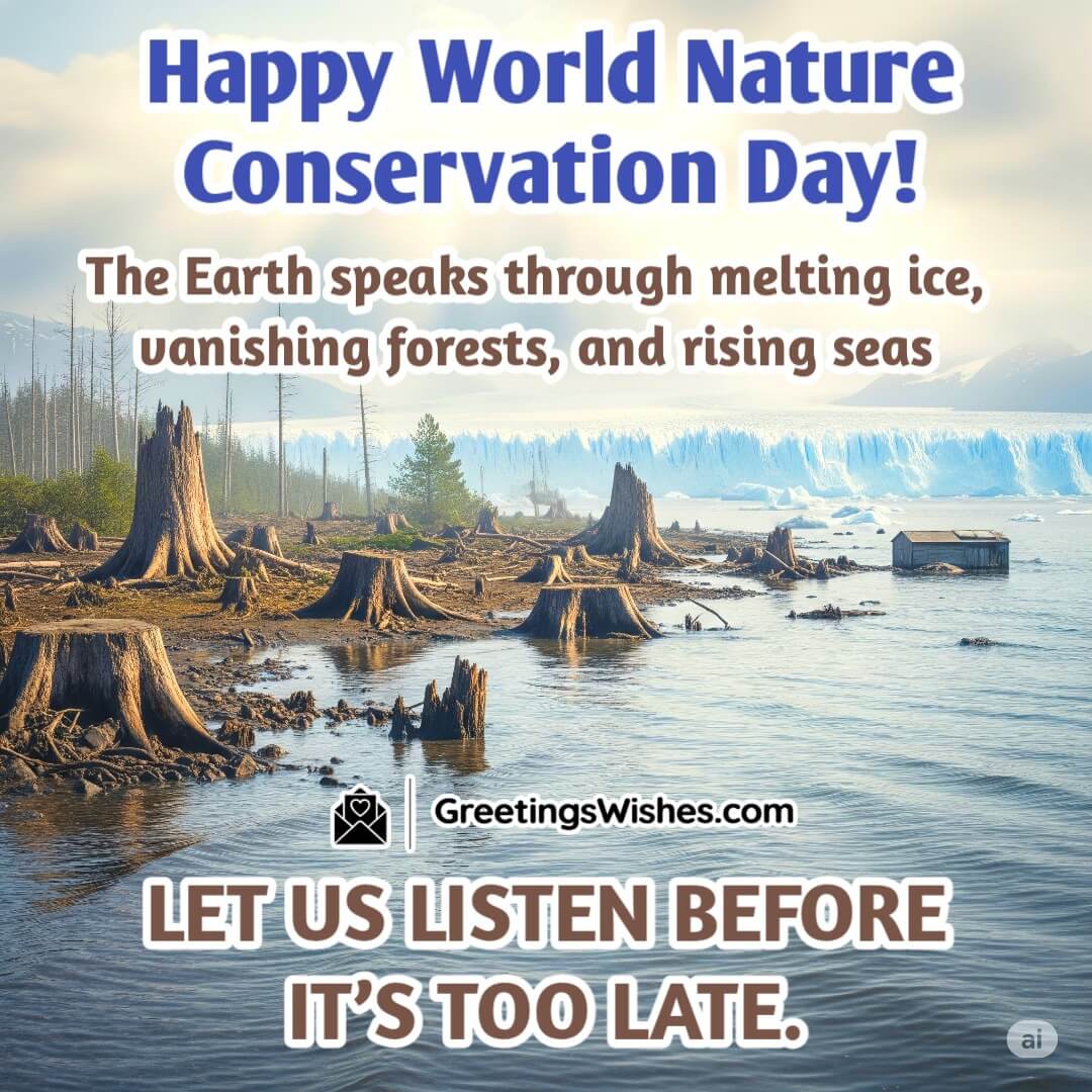 Awareness Quotes About Saving Nature featuring melting glacier, thinning forest, and rising sea in one natural landscape symbolizing Earth’s warning and urgent environmental action.