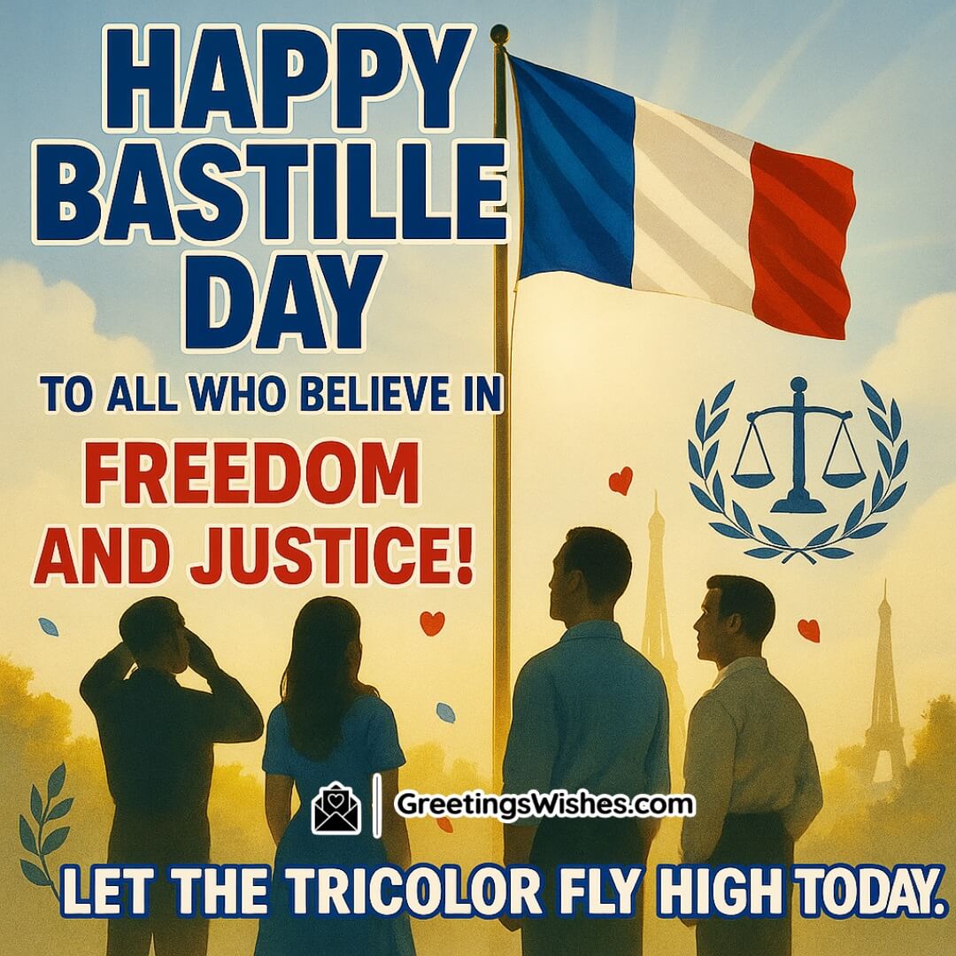 Bastille Day image featuring a raised French flag and people looking upward, symbolizing belief in freedom, justice, and national pride.