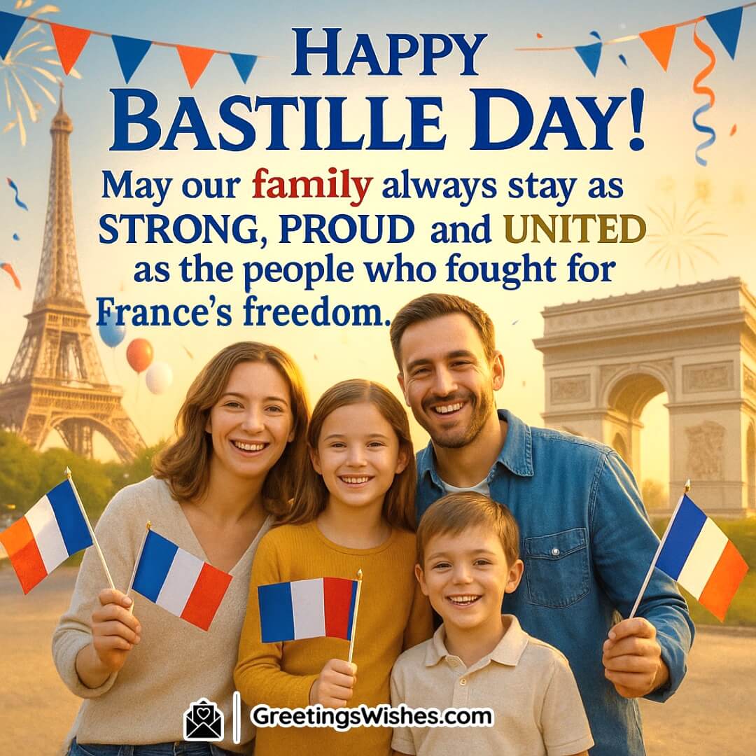Bastille Day family celebration featuring a proud French family with flags and unity, symbolizing freedom, strength, and togetherness.