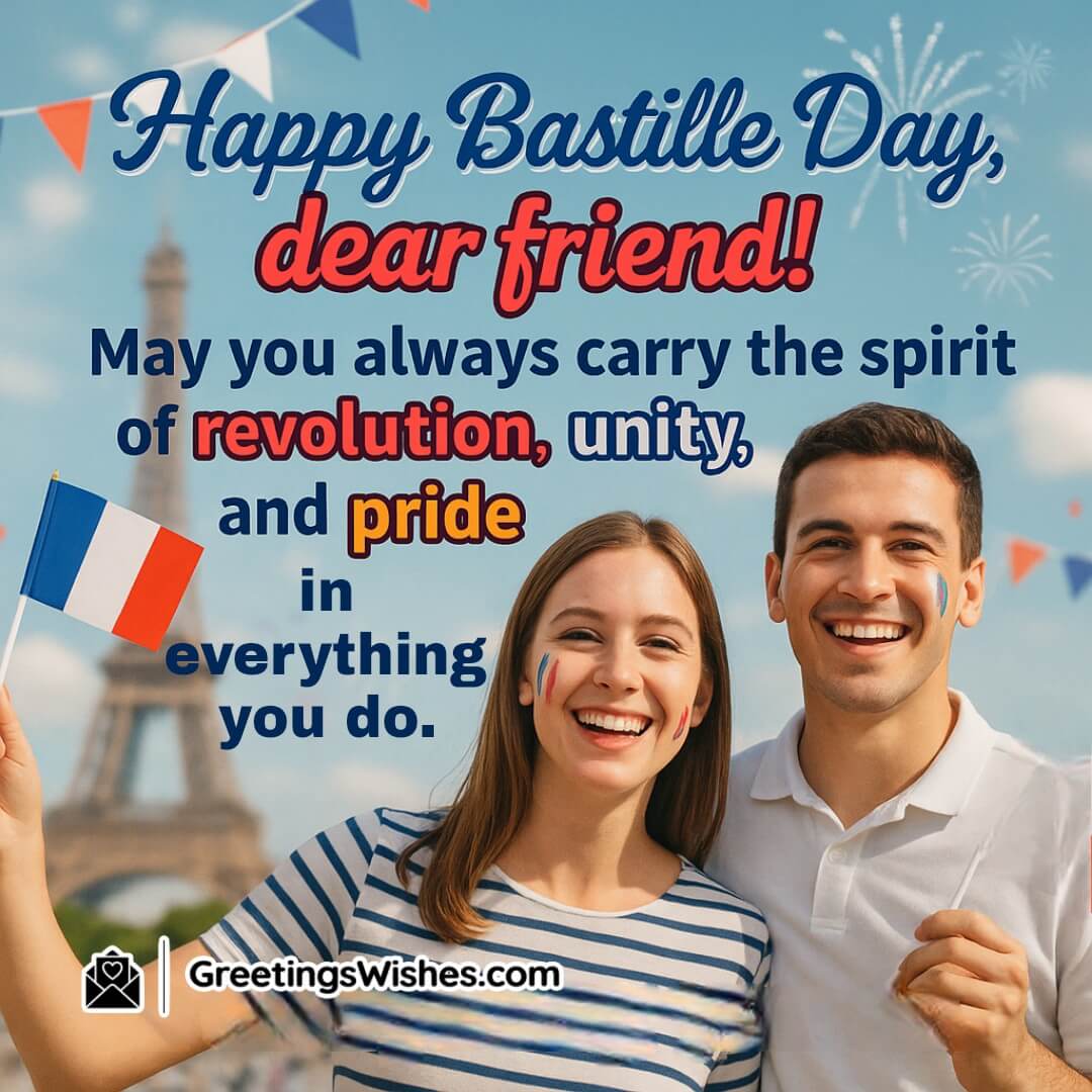 Bastille Day image featuring two friends celebrating with flags in a festive French setting, symbolizing unity, pride, and revolutionary friendship.