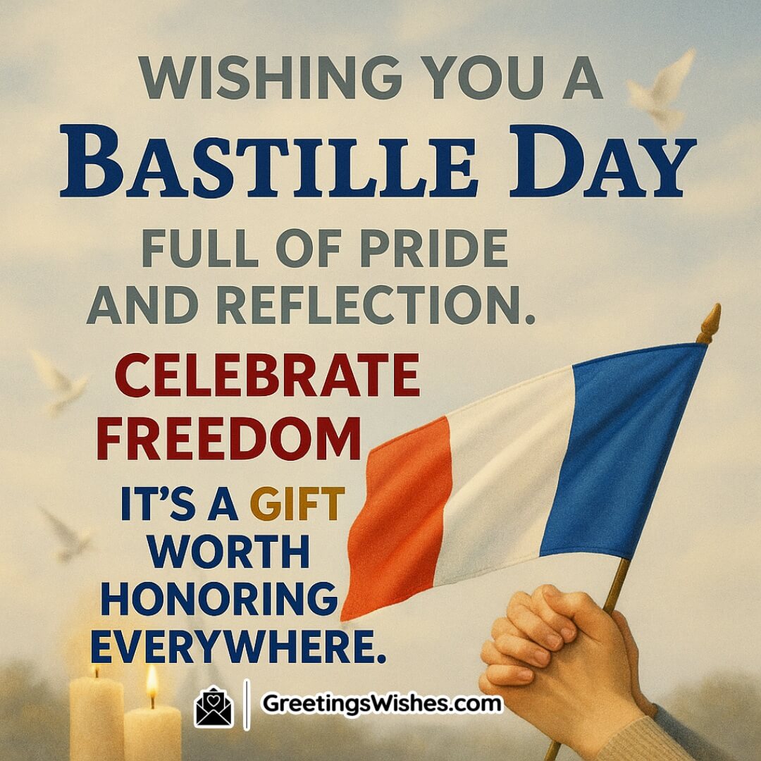 Bastille Day image featuring a waving French flag, doves, and liberty symbols, symbolizing pride, reflection, and the value of honoring freedom.