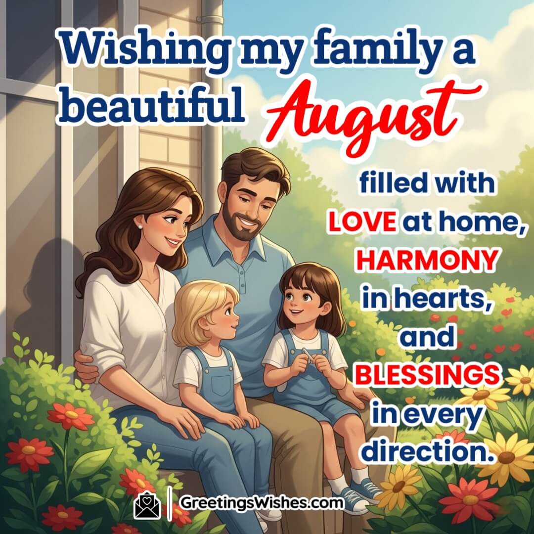 Beautiful August Family Blessing Image featuring a small family seating together outside their home, symbolizing love, unity, and heartfelt connection in a new month.