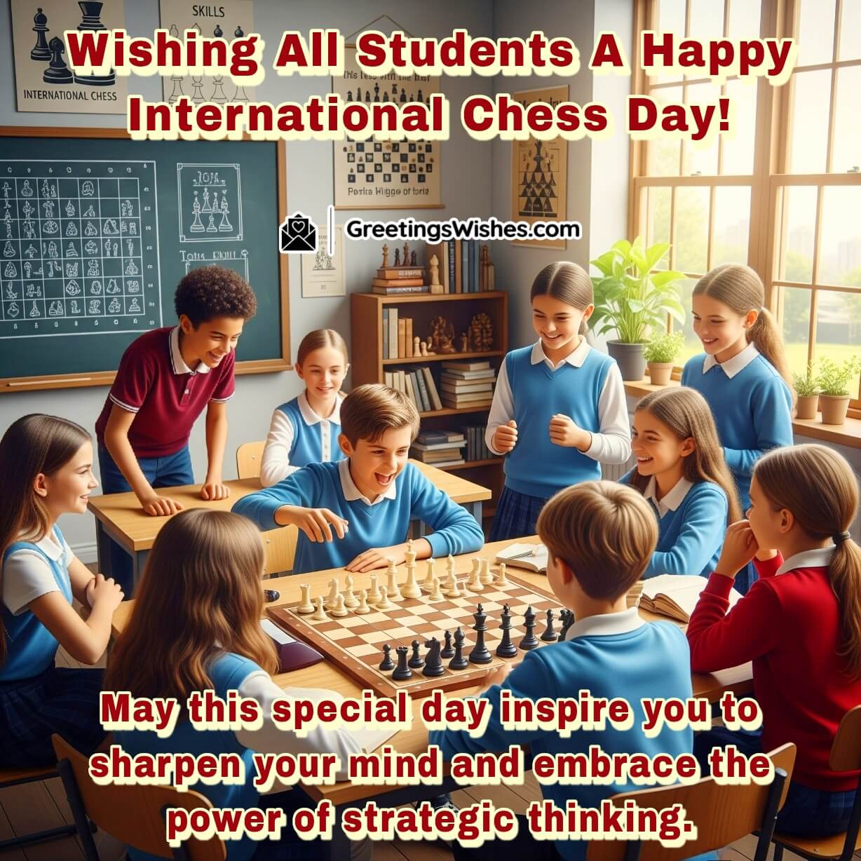 International Chess Day image with students playing chess in a bright classroom setting, focusing on the board with curiosity, symbolizing learning, brain development, and young strategic minds.