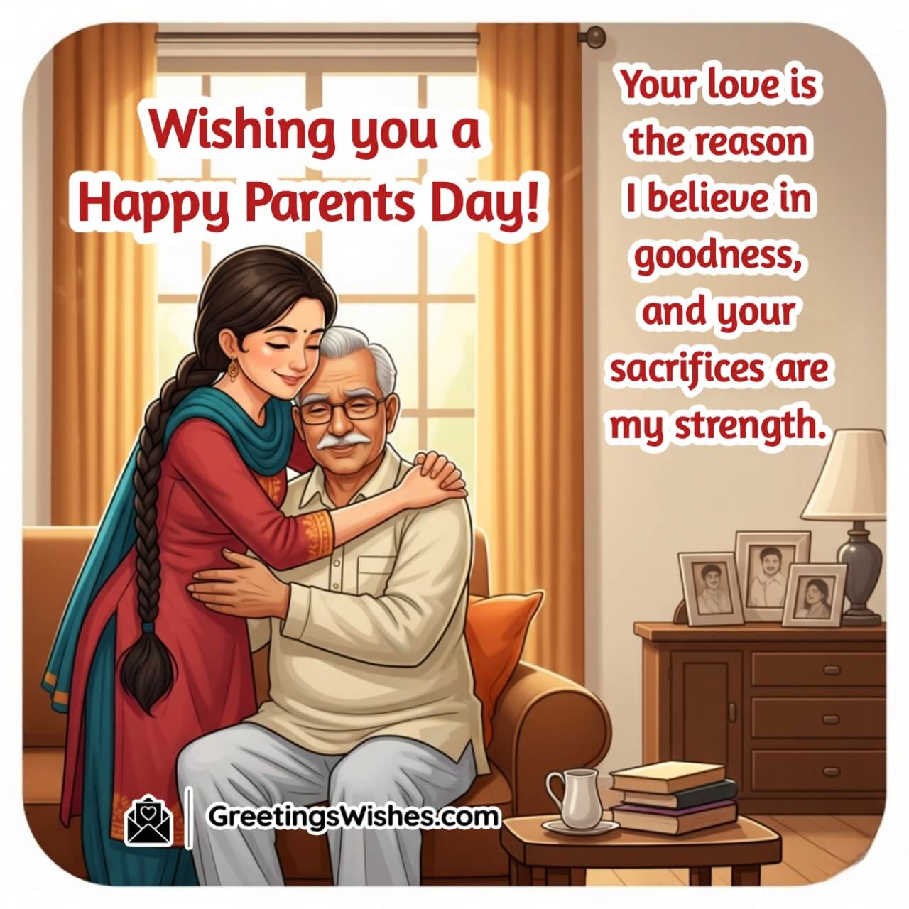 Emotional Parents Day Image featuring a daughter hugging her elderly father. Symbolizing respect and emotional strength.
