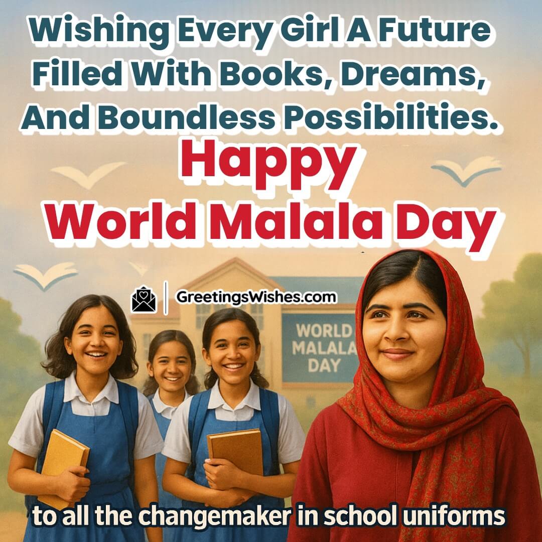 Happy World Malala Day image featuring Malala Yousafzai and schoolgirls with books, symbolizing dreams, education, and a future full of possibilities.