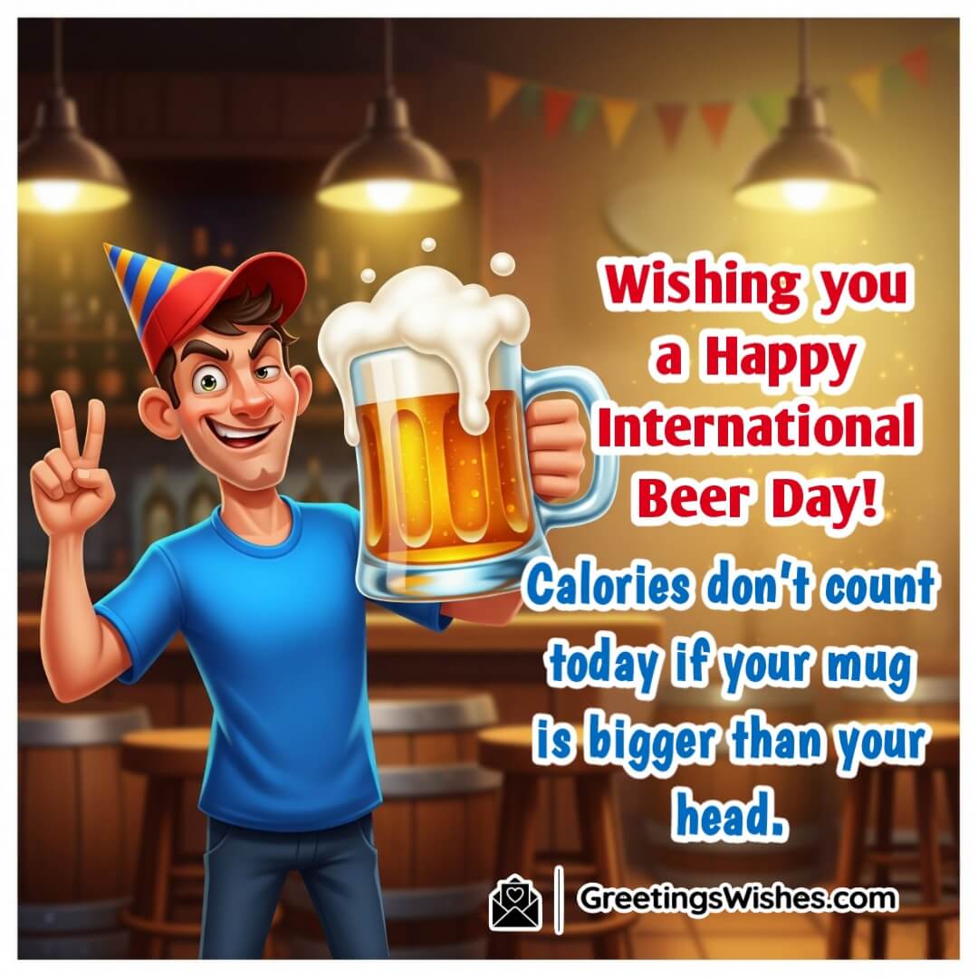 Funny International Beer Day Message Image featuring a cheerful person holding an oversized frothy beer mug, symbolizing humor, carefree celebration, and good vibes.