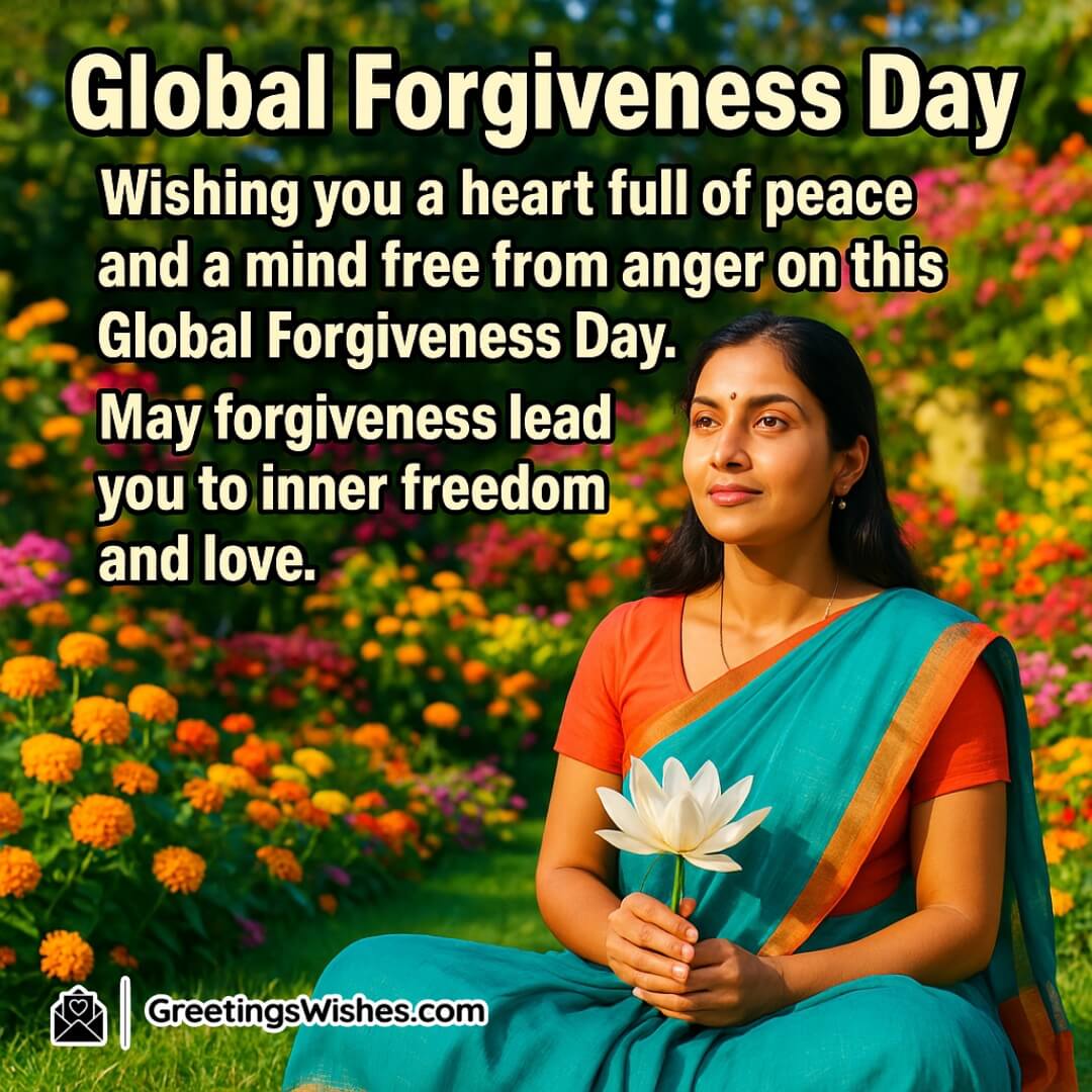 Global Forgiveness Day image featuring a peaceful Indian woman with open eyes holding a white flower in a bright garden, symbolizing forgiveness and inner peace.