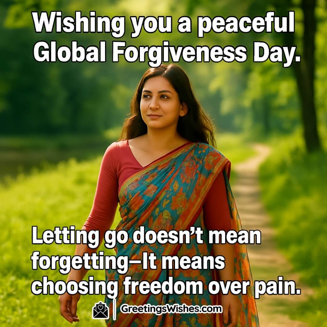 Global Forgiveness Day image featuring an Indian woman walking peacefully in nature, symbolizing emotional release and inner freedom through forgiveness.