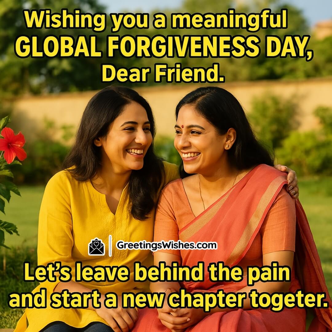 Global Forgiveness Day image featuring two Indian women with clearly open eyes sitting in a cheerful garden, symbolizing friendship, peace, and healing.