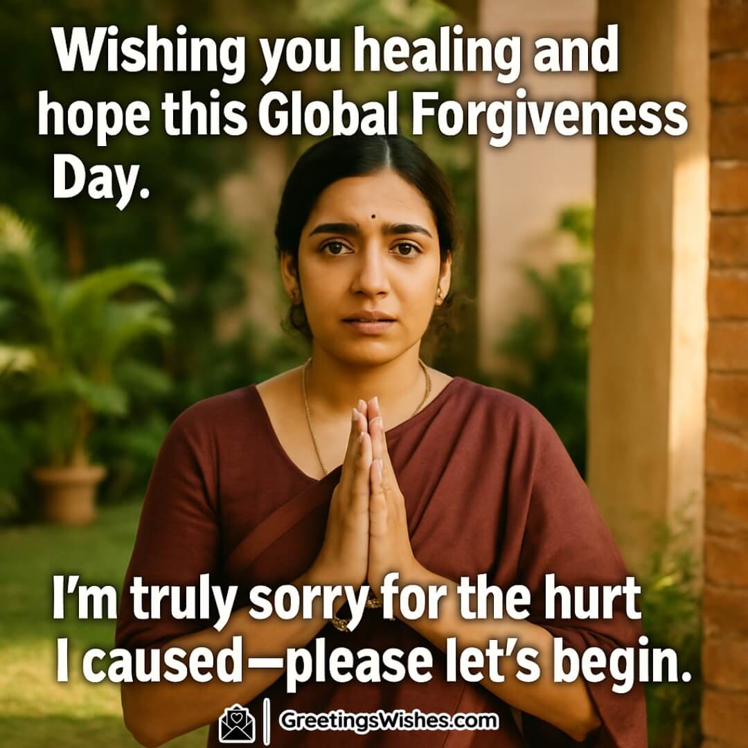 Global Forgiveness Day image featuring an Indian woman with a sincere, apologetic expression in a natural garden or courtyard, symbolizing regret and hope.