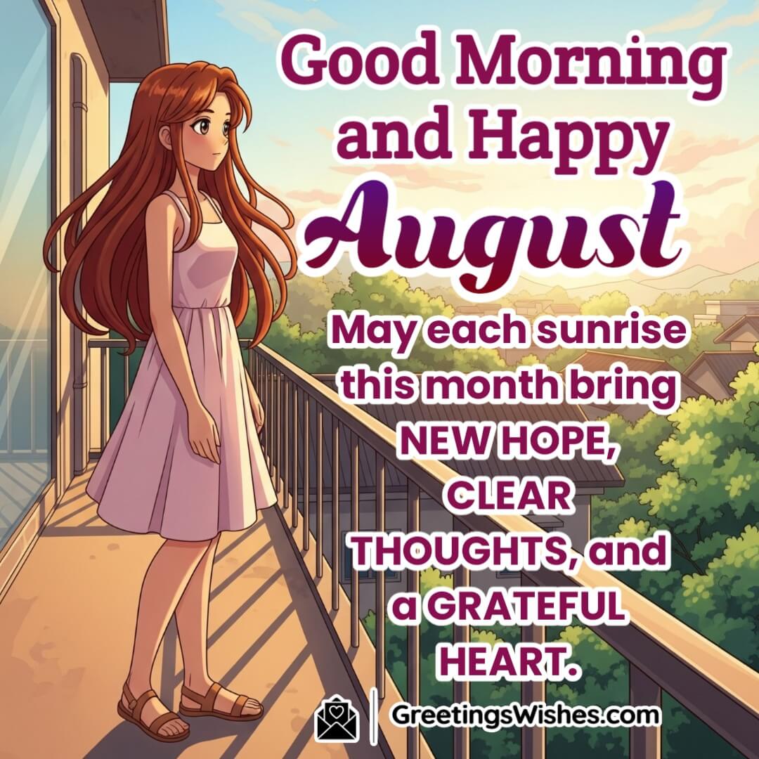 Good Morning August Wish Image featuring a person standing by a balcony during early sunrise, symbolizing fresh thoughts, soft clarity, and peaceful gratitude.