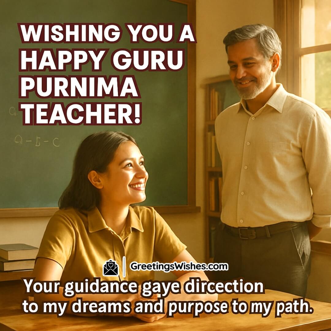 Guru Purnima Wishes For Teachers Image featuring a respectful classroom scene with a student honoring a teacher, symbolizing gratitude, direction, and educational purpose.