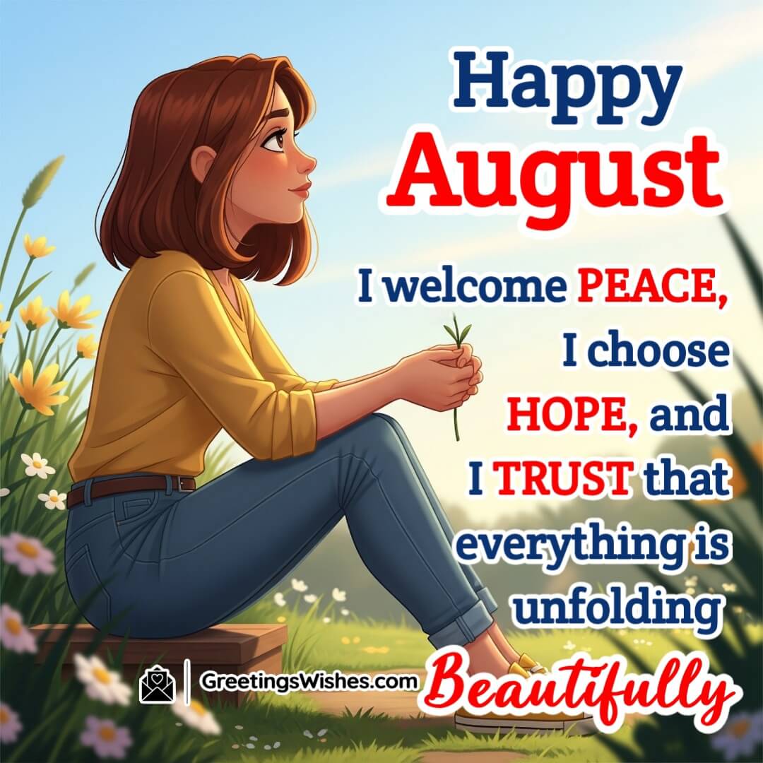 Happy August Month Affirmation Image featuring a person sitting quietly in a garden, symbolizing inner trust, calm awareness, and a positive outlook.