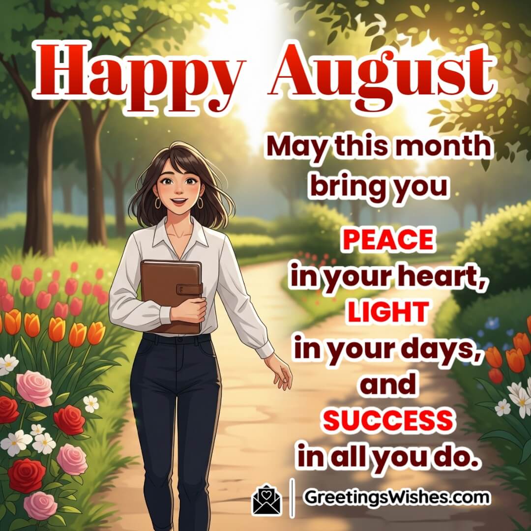 Happy August Wish Image featuring a joyful person walking confidently through a sunlit park, symbolizing inner peace, bright days, and a successful new month.