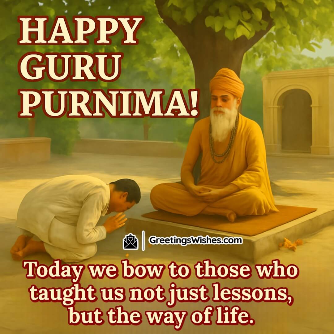 Happy Guru Purnima Image featuring a guru seated under a tree with a disciple bowing respectfully, symbolizing timeless wisdom and the spiritual path of life.