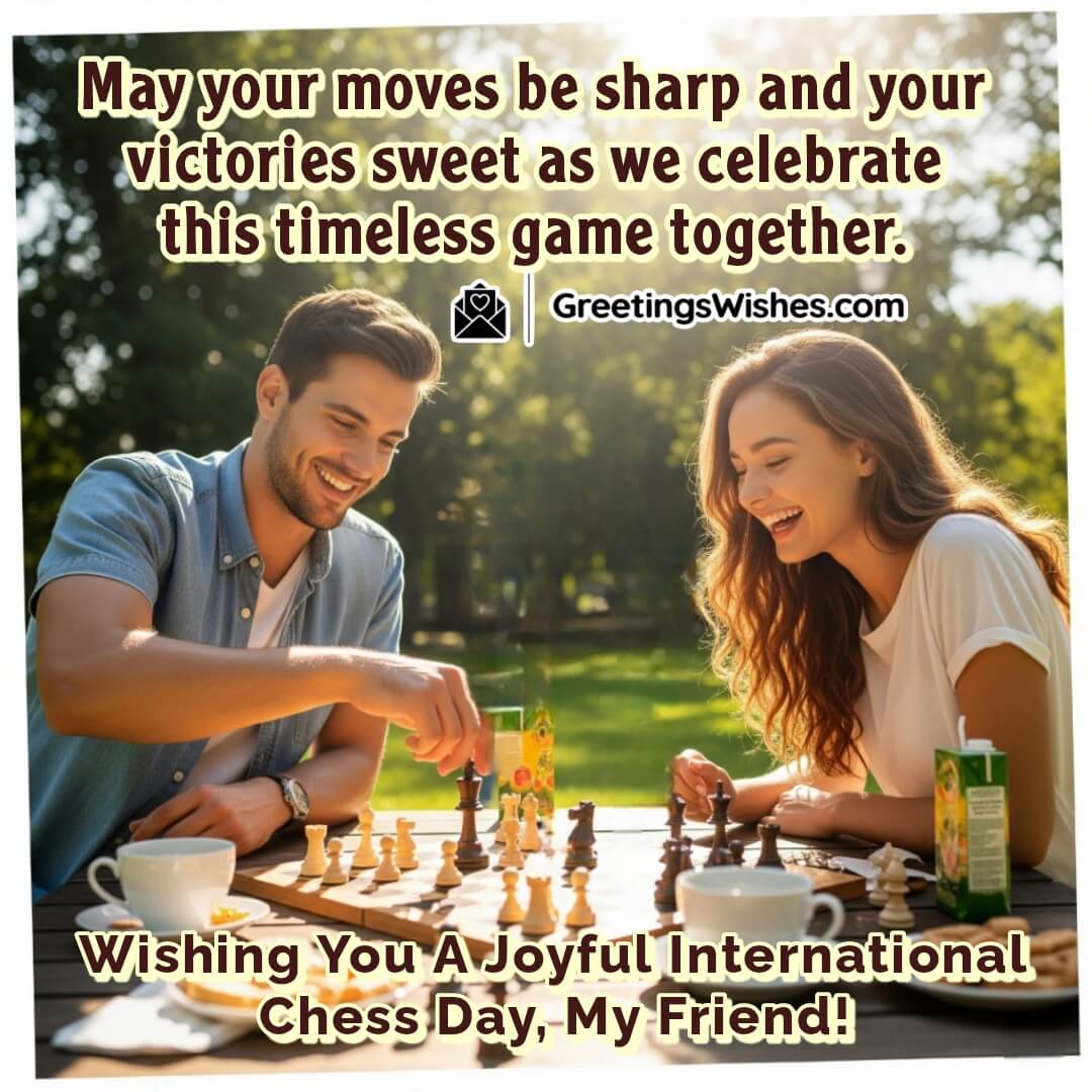 International Chess Day image featuring two cheerful friends playing chess on a park bench, smiling and enjoying the match, symbolizing joy, companionship, and smart thinking.