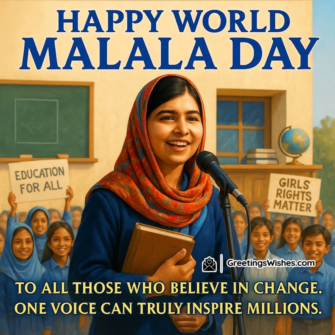 Happy World Malala Day image featuring Malala Yousafzai with confident expression, symbolizing belief in change and the power of one voice.