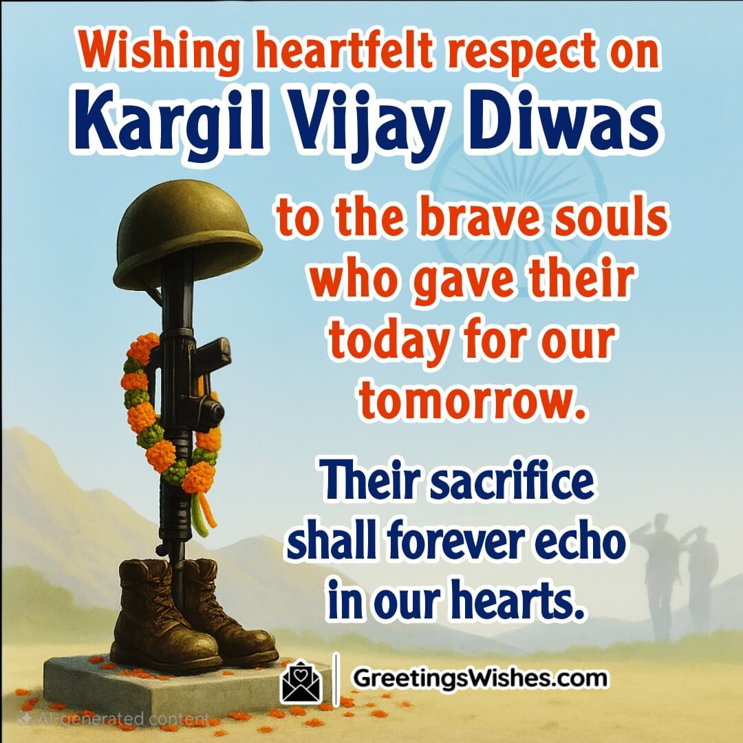Kargil Vijay Diwas image featuring a military memorial with soldiers saluting under bright sky, symbolizing national gratitude and sacrifice remembered forever.
