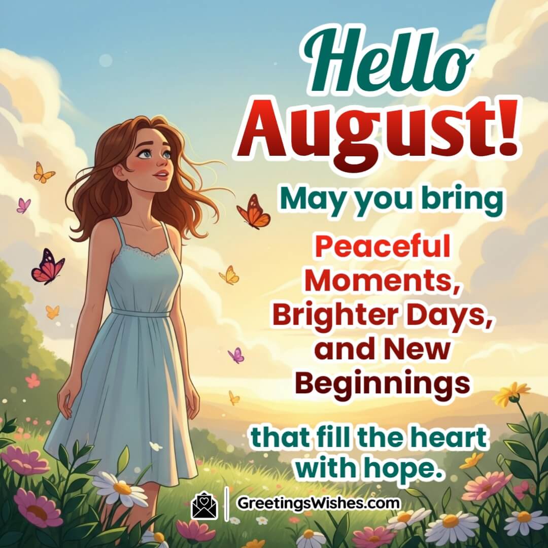 Hello August Image featuring a serene figure standing under a soft sunrise sky surrounded by nature, symbolizing peaceful moments, hope, and new beginnings.