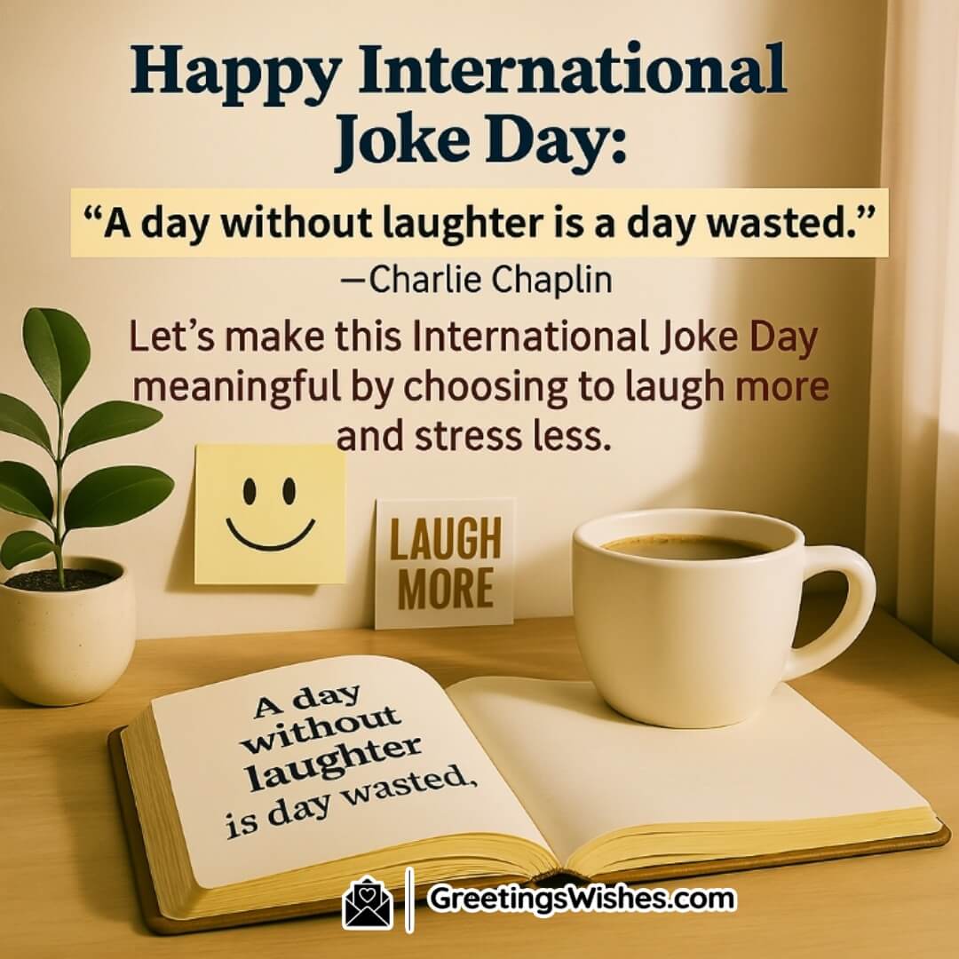 Happy International Joke Day Image with Charlie Chaplin quote, morning calm, and elements promoting laughter and mindful joy.