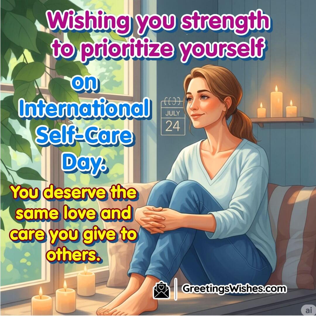 International Self-Care Day image featuring a woman in a serene space with healing symbols, symbolizing self-love, emotional strength, and the importance of personal care.