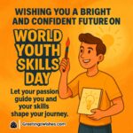 World Youth Skills Day with a creative young man holding a paintbrush and sketchbook, symbolizing passion and skill-building.
