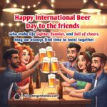 International Beer Day Wishes For Friends Image featuring a group of friends raising beer mugs at a festive table, symbolizing joyful moments, laughter, and togetherness.