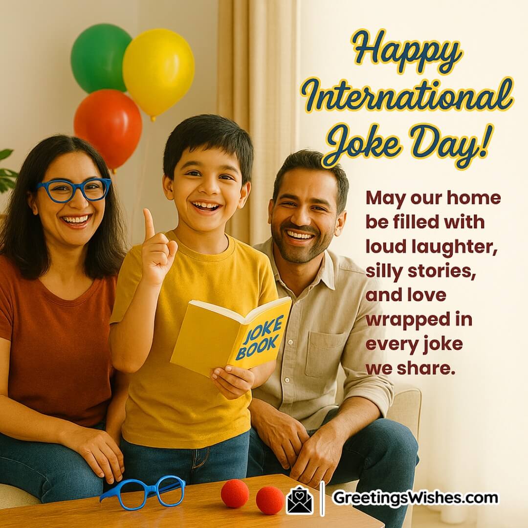 Happy International Joke Day Image symbolizing joyful family bonding with shared laughter, playful props, and space reserved for a heartwarming message.
