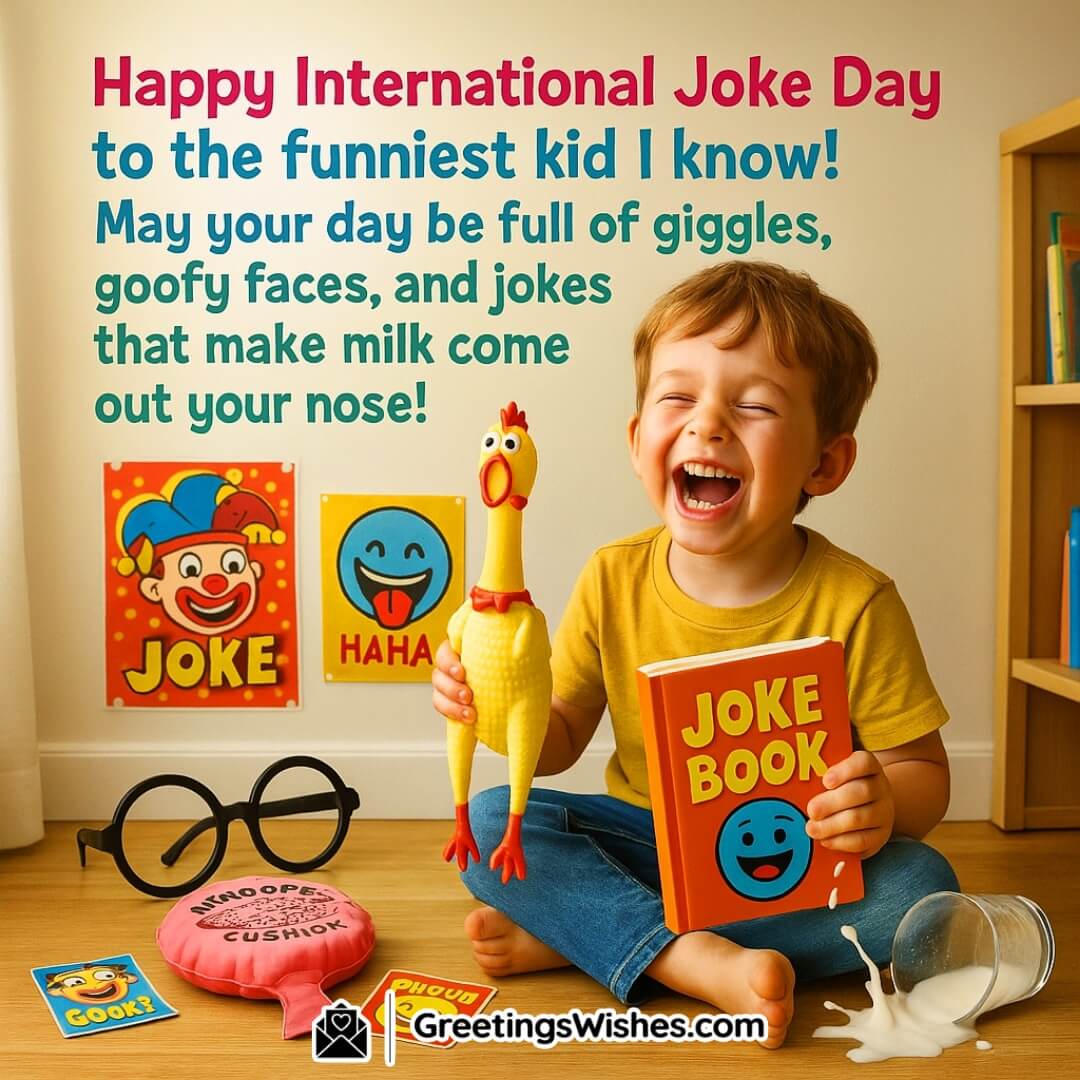 Happy International Joke Day Image for Kids symbolizing playful humor through goofy props, laughter, and light-hearted messiness in a joyful child’s room.