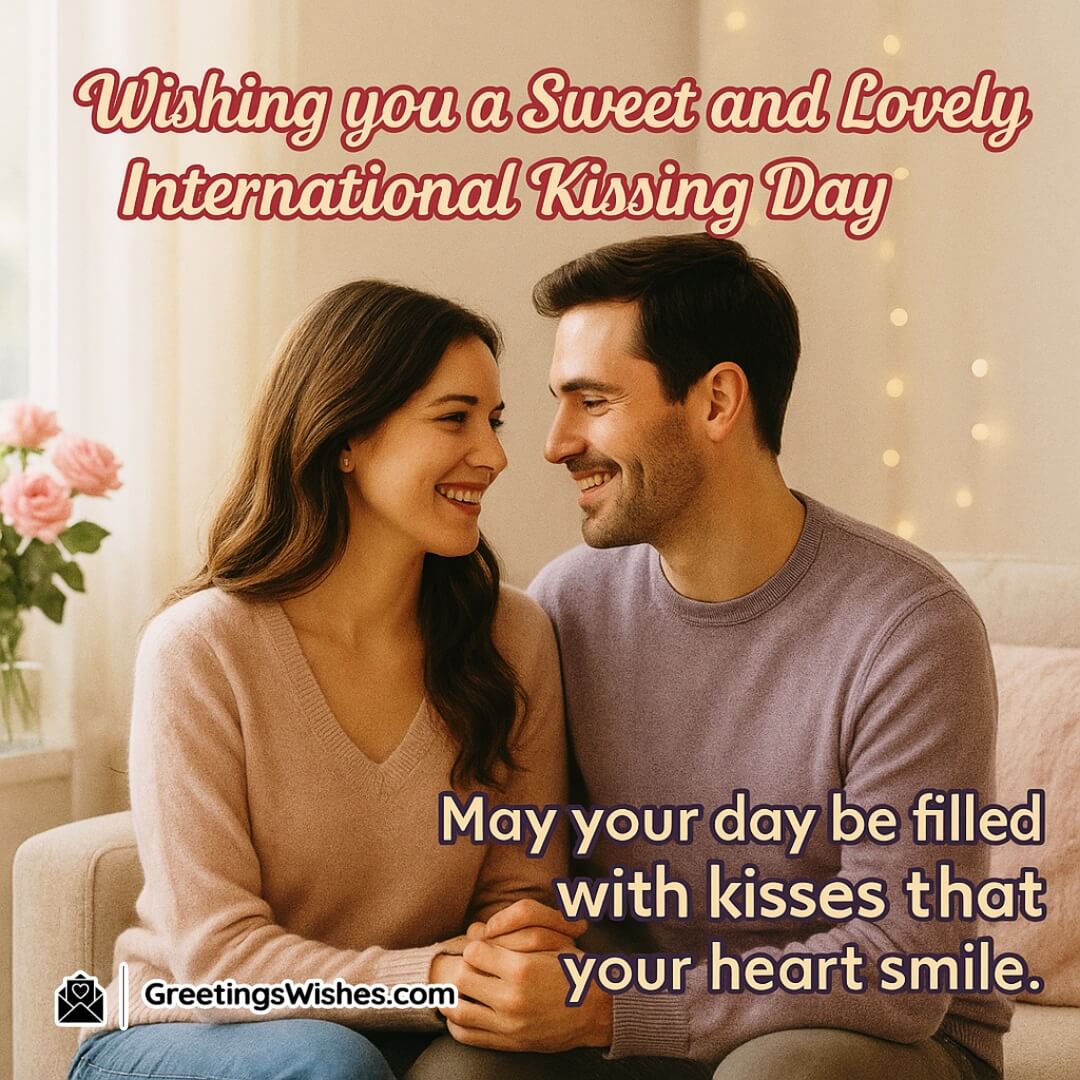 Sweet and Lovely International Kissing Day Image featuring a smiling couple in a light-filled romantic room, symbolizing affection, happiness, and the joy of loving kisses.