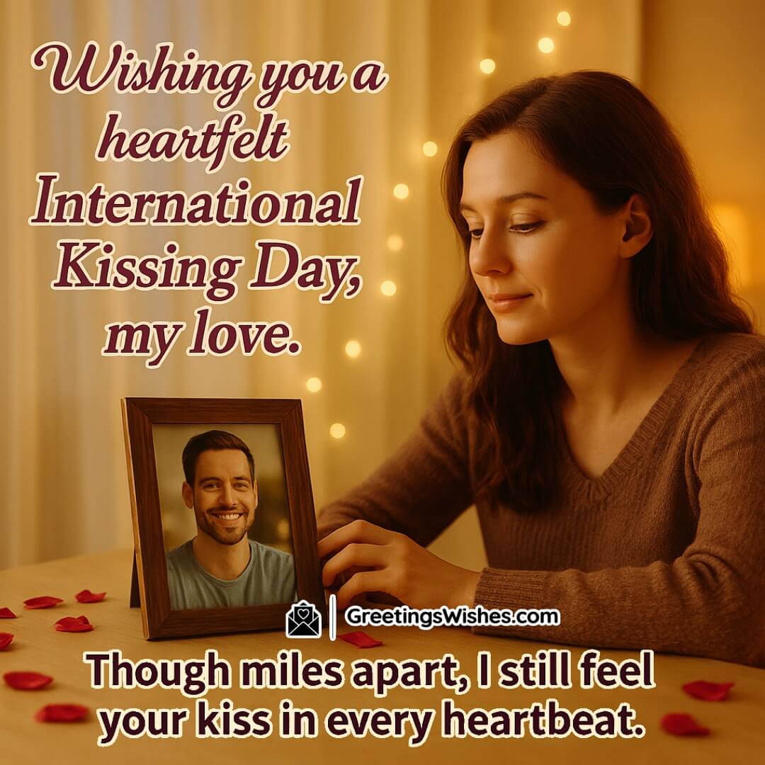 International Kissing Day Long Distance Image featuring a woman lovingly gazing at a framed photo on the table, symbolizing romantic connection across distance.