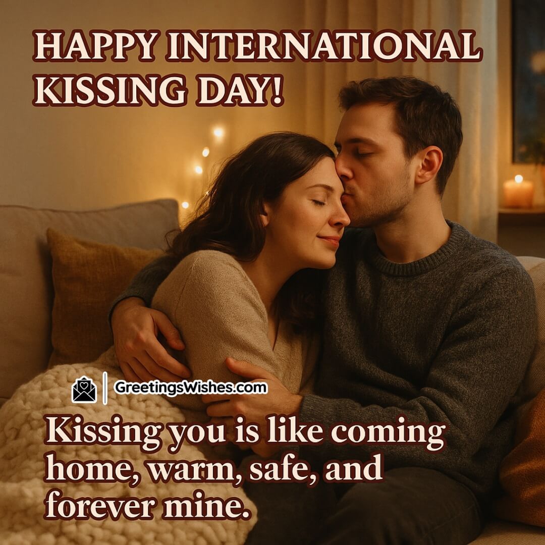 International Kissing Day Quotes About Love & Kiss Image featuring a couple cuddling in a warm, softly lit space, symbolizing deep comfort, emotional safety, and lasting love.