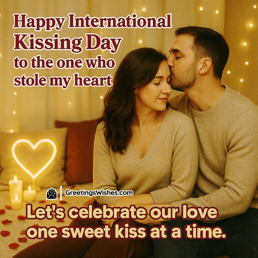 International Kissing Day Wishes For Girlfriend Image featuring a couple sharing a tender kiss in a warm romantic setting, symbolizing sweet moments of love and connection.