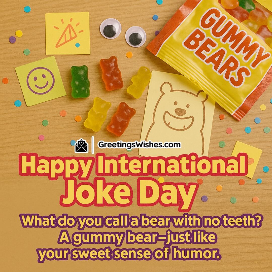 Happy International Joke Day Image featuring gummy bears, playful doodles, and a sweet pun-filled message that brings a smile.