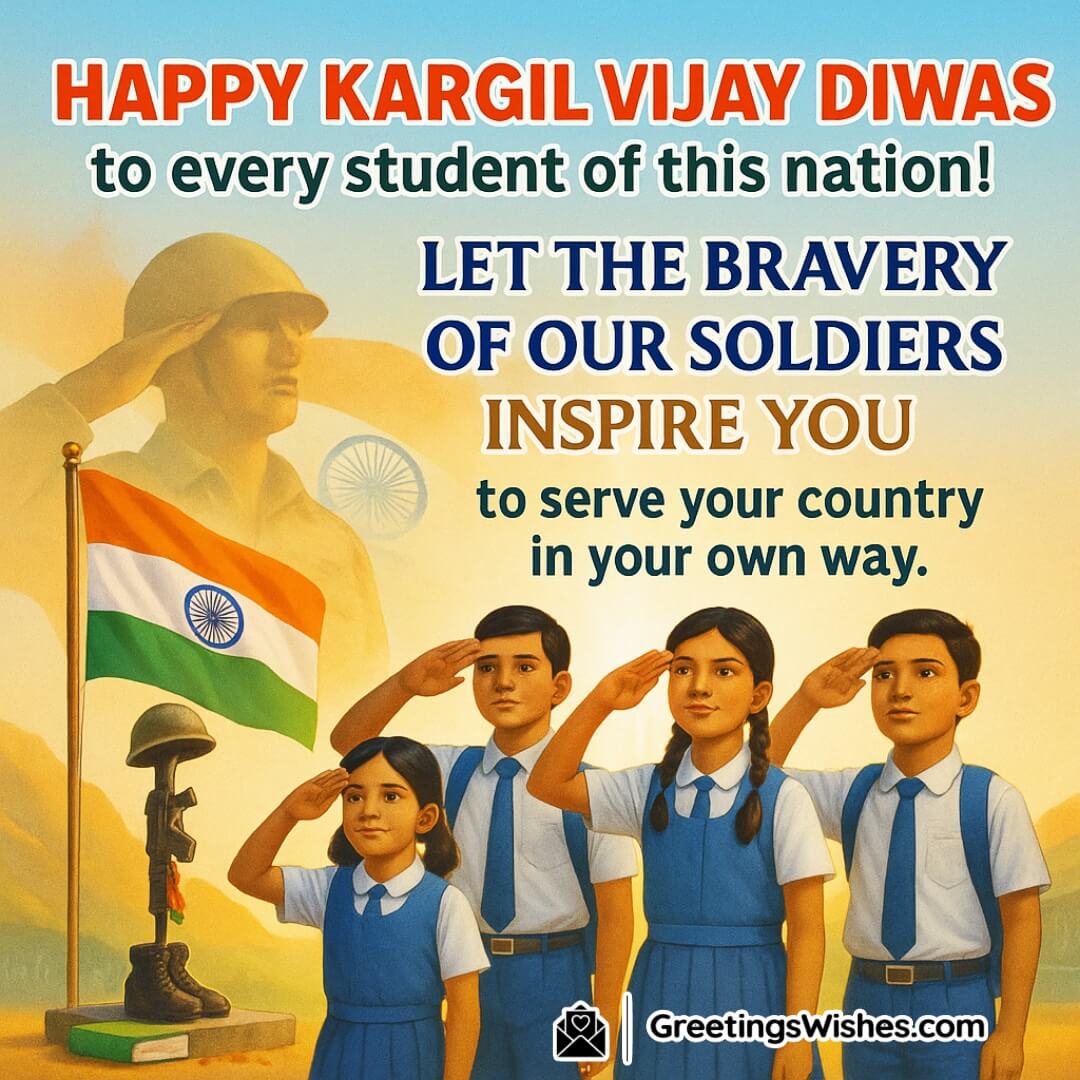 Kargil Vijay Diwas image featuring Indian students with the flag and soldier tribute, symbolizing youth inspired by patriotism and national service.