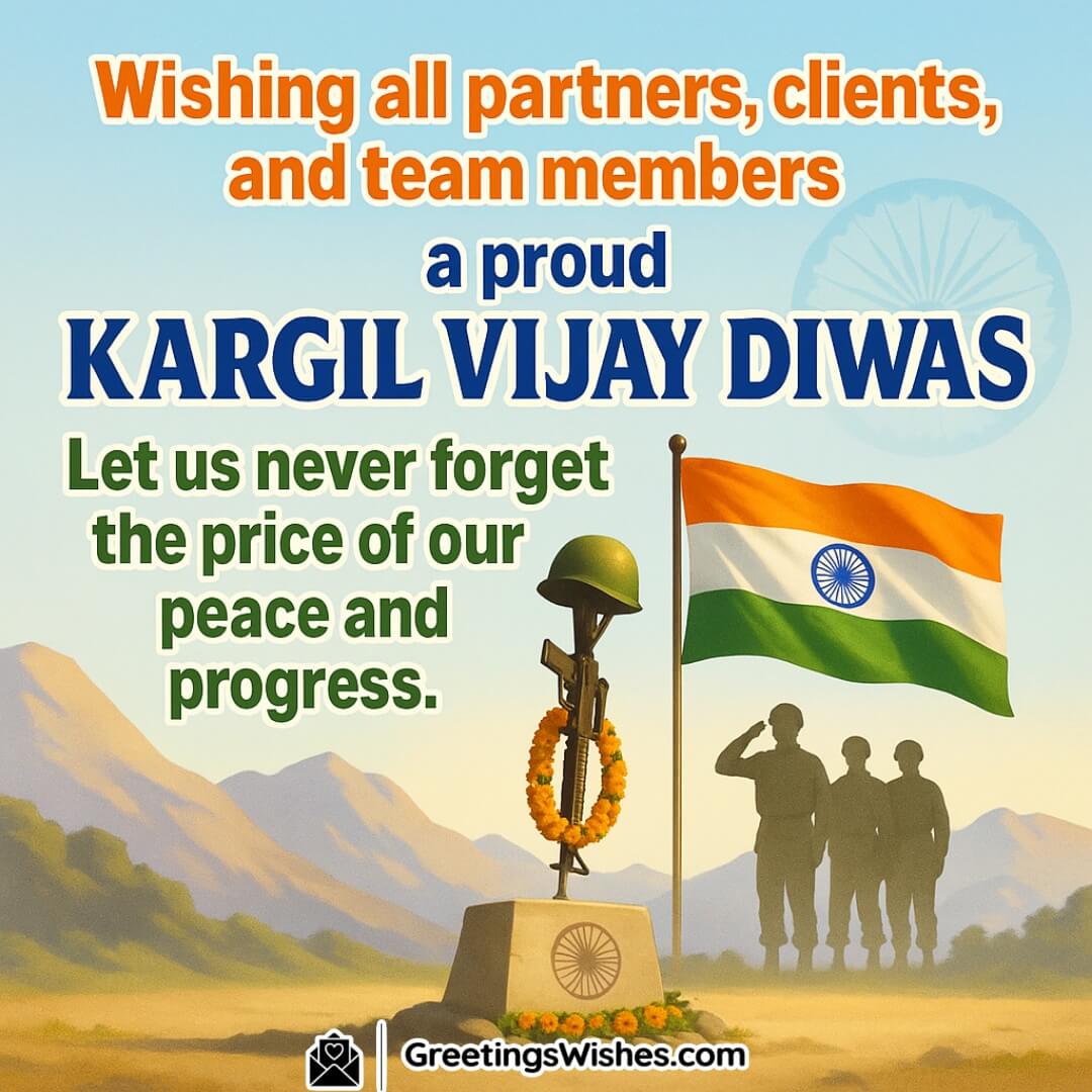 Kargil Vijay Diwas image featuring a memorial and soldier silhouettes with national flag, symbolizing remembrance and the cost of peace and progress.