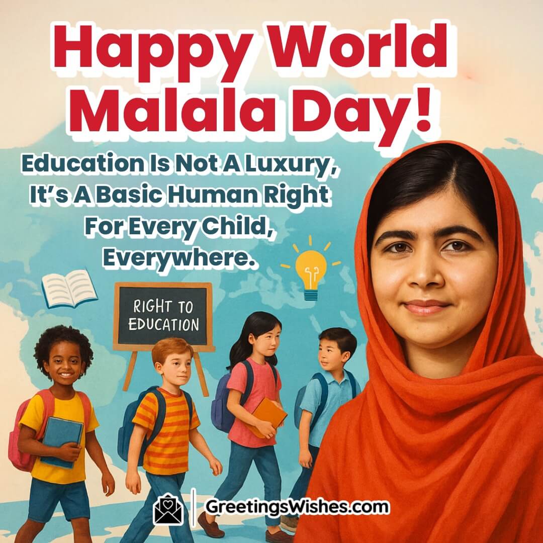Happy World Malala Day image featuring Malala Yousafzai and children with education symbols, symbolizing equal learning rights for every child around the world.