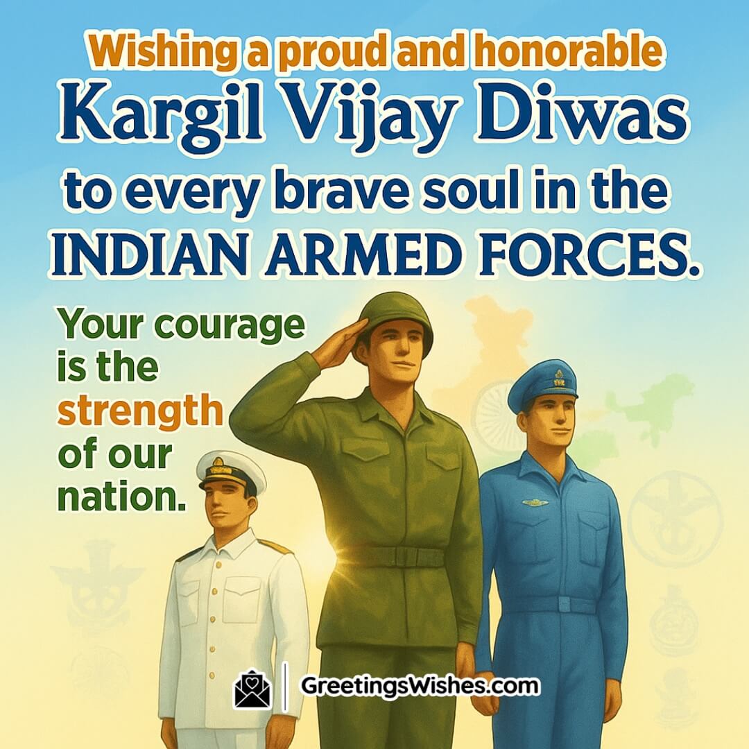 Kargil Vijay Diwas image featuring all branches of the Indian Armed Forces standing together under the flag, symbolizing national unity and the strength drawn from their courage.