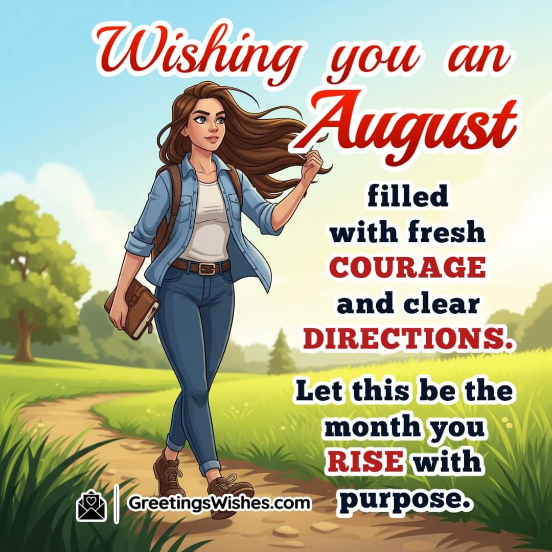 Motivational August Month Wish Image featuring a confident person walking on a sunlit path through an open field, symbolizing courage, fresh direction, and a purposeful new beginning.