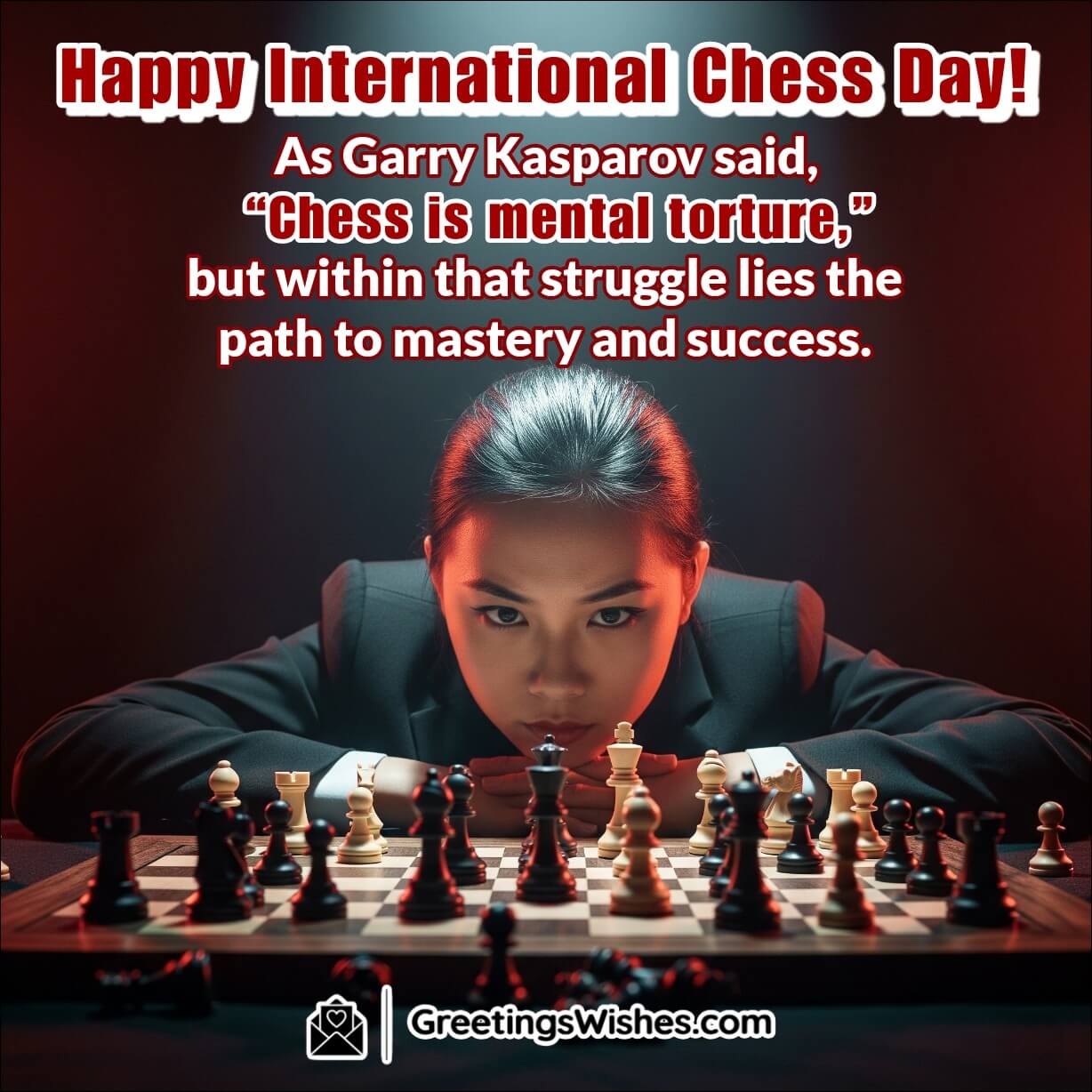 International Chess Day image featuring a powerful quote by Garry Kasparov over a dramatic view of a player mid-match with chess pieces in action, symbolizing focus, pressure, and the pursuit of excellence.