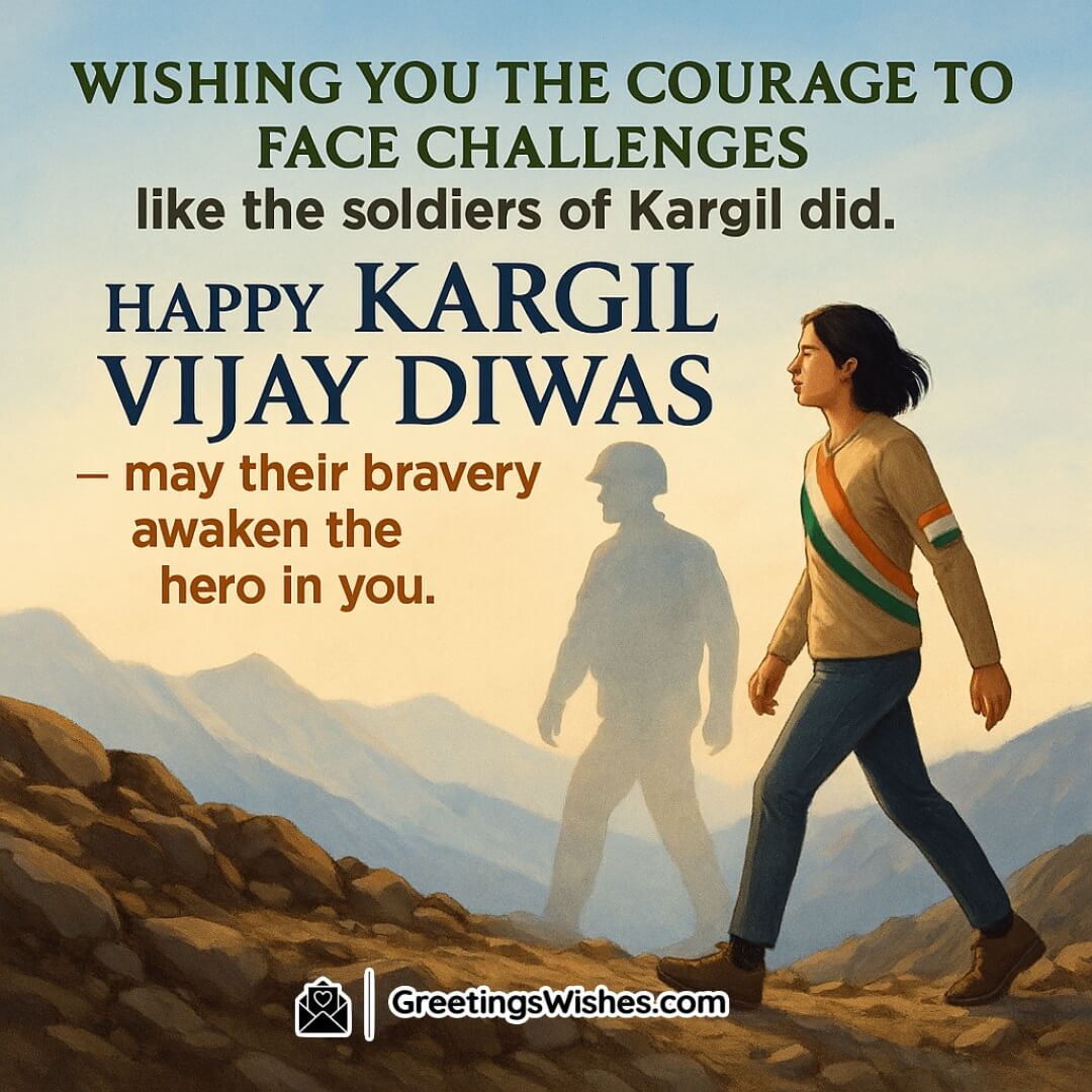 Kargil Vijay Diwas image featuring a young person walking beside a soldier silhouette on mountain path, symbolizing courage passed on and inner heroism.