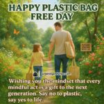 Happy Plastic Bag Free Day Image featuring a parent and child walking together with cloth bags on a garden path, symbolizing passing eco-values to the next generation.